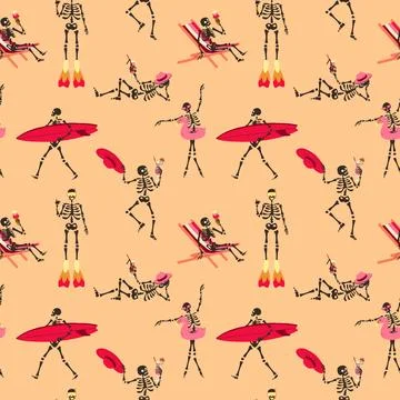 Seamless pattern with Set of Funny Skeletons on vacation on the beach Illustrazione stock