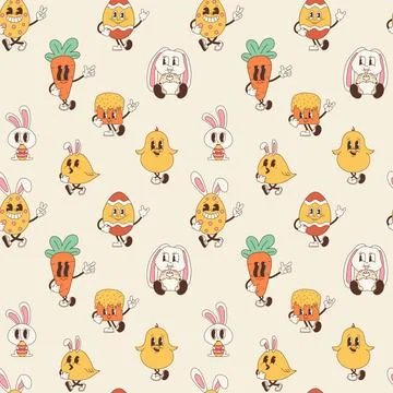Seamless pattern with set of Groovy Cute Easter Characters Stock-Illustration