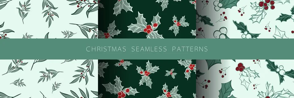Seamless pattern set with hand drawn christmas leaves and branches. Stock Illustration