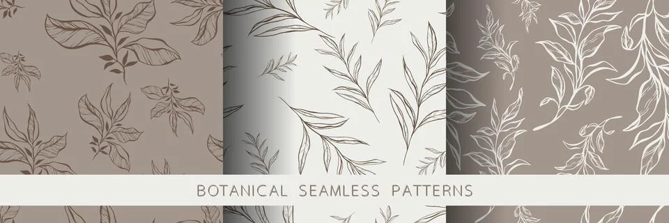 Seamless pattern set with hand drawn leaves and branches. Stock Illustration