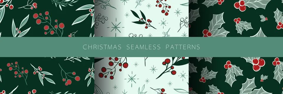 Seamless pattern set with hand drawn christmas leaves and branches. Stockillustratie