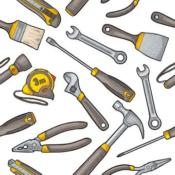 Seamless pattern set hardware tools. Vector engraving Illustration