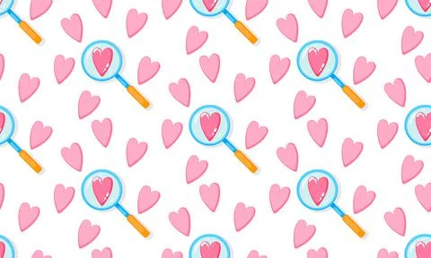 Seamless pattern set with hearts and magnifying glass. Romantic background, gift Stock Illustration