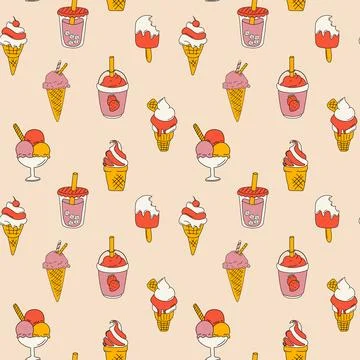 Seamless pattern with set of Ice cream depicted in a vibrant cartoon style Illustrazione stock