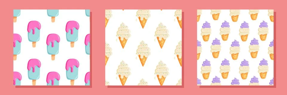 Seamless pattern set with ice cream illustrations Stock Illustration