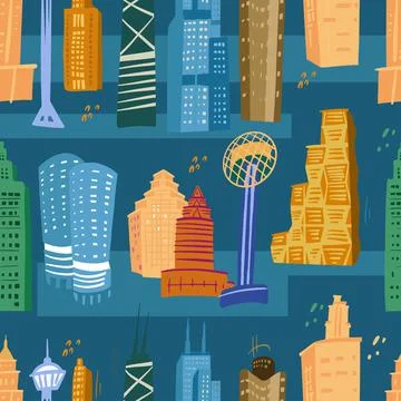 Seamless pattern set icons skyscrapers of America Texas and Chicago. City Ilustración de archivo