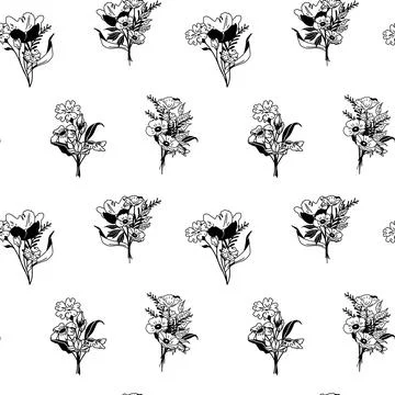 Seamless pattern with Set of Line art of Bouquets. Stock Illustration