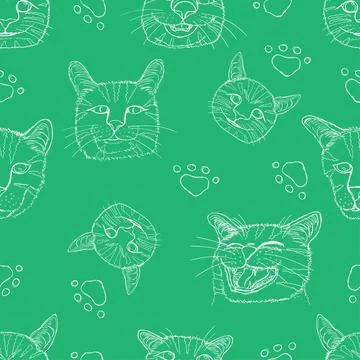 Seamless pattern set line sketch of different element cute cat head Stock Illustration