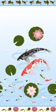 Seamless pattern set with lotus and carps koi Stock Illustration