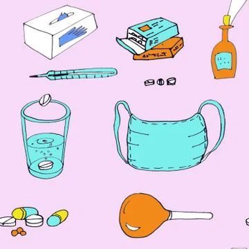 Seamless pattern of a set of medical accessories on a light pink background.  Stockillustratie