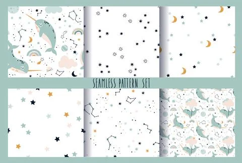 Seamless pattern set with narwhals in space Stock Illustration