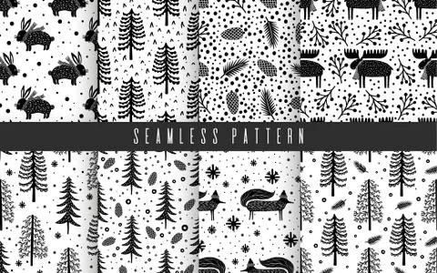 Seamless pattern set nature forest wildlife Canada.Season winter park. 스톡 일러스트