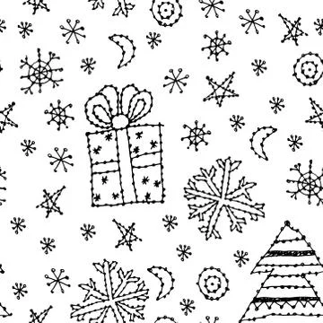Seamless pattern set new year symbol on white background. black contour sketc Stock Illustration