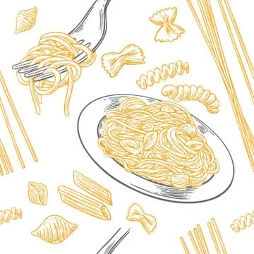 Seamless pattern set pasta. Farfalle, conchiglie, penne, fusilli and spaghetti Stock Illustration