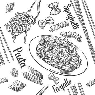 Seamless pattern set pasta with title. Vector vintage engraving illustration イラスト素材
