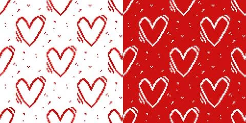 Seamless pattern set with red hearts pixel art Stock Illustration
