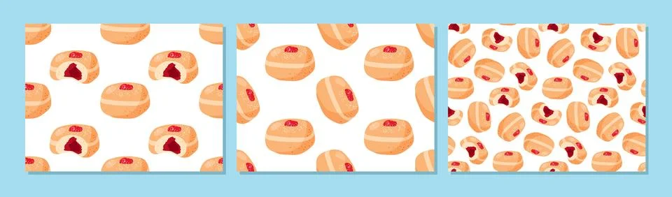 Seamless pattern set with Stuffed doughnut whole and bitten. Three pattern Stock Illustration