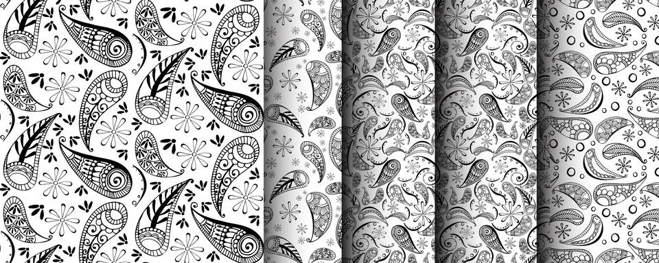 Seamless pattern set in style hand draw, doodle, zentangl, India Stock Illustration