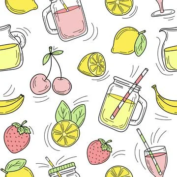 Seamless pattern - Set of summer cocktails line drawn on white Stock Illustration