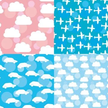 Seamless pattern set sunset, sunrise, sky, clouds white silhouet Stock Illustration