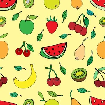 Seamless pattern with set of sweet fruits and berries. Apples, watermelon, gr Illustrazione stock