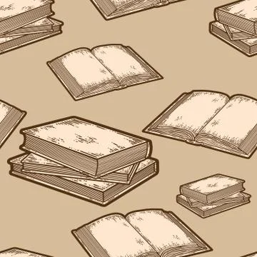 Seamless pattern. Set three books are stacked and open book. Stock Illustration