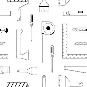 Seamless pattern with a set of tools for home repairs. Outline. Sketch. Vector. Stock Illustration