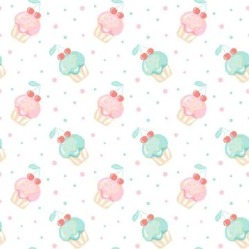 Seamless pattern with a set of vector doodle cute cupcakes, hand drawn muffin Stock Illustration