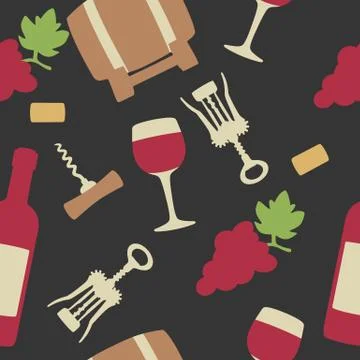 Seamless pattern set wine icon. Bottle, glass of wine, cork Stock Illustration