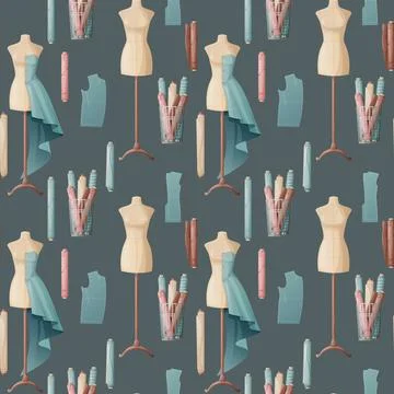 Seamless pattern with sewing accessories. Dress on a mannequin, fabric, clo.. Stock Illustration