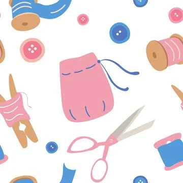 Seamless pattern with sewing accessories. Needlework accessories - needle, th Stock Illustration