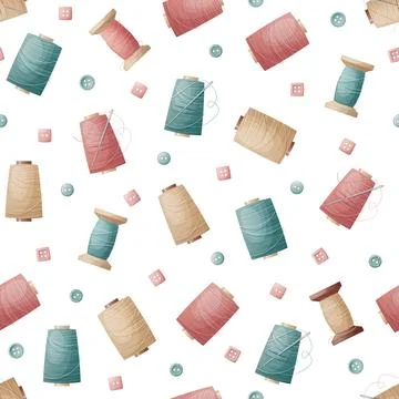 Seamless pattern with sewing threads and buttons on a blue background. Sewi.. Stock Illustration