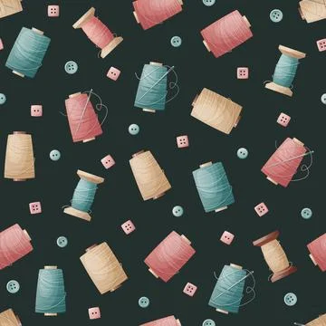 Seamless pattern with sewing threads and buttons on a blue background. Sewi.. Illustrazione stock