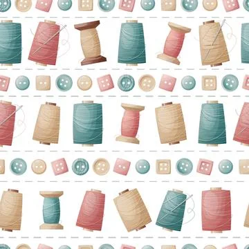 Seamless pattern with sewing threads and buttons. Sewing atelier, needlework, Stock Illustration