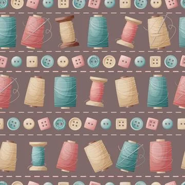 Seamless pattern with sewing threads and buttons. Sewing atelier, needlework, Stock Illustration