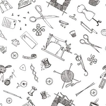 Seamless pattern of sewing tools and materials or tools for knitting or crochet Stock Illustration