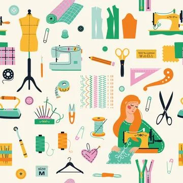 Seamless pattern of sewing tools icons tailor girl hand made workshop Stock Illustration