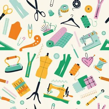 Seamless pattern of sewing tools icons tailor hand made workshop Illustrazione stock