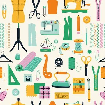 Seamless pattern of sewing tools icons tailor hand made workshop Stock Illustration