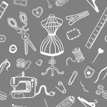 Seamless pattern with sewing tools linear icons scattered on white background Illustrazione stock