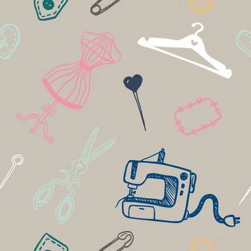 Seamless pattern with sewing tools linear icons scattered on white background Illustrazione stock