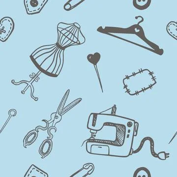 Seamless pattern with sewing tools linear icons scattered on white background Illustrazione stock