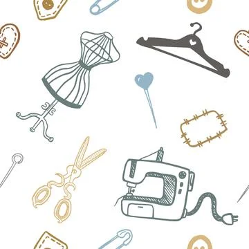 Seamless pattern with sewing tools linear icons scattered on white background Stock Illustration