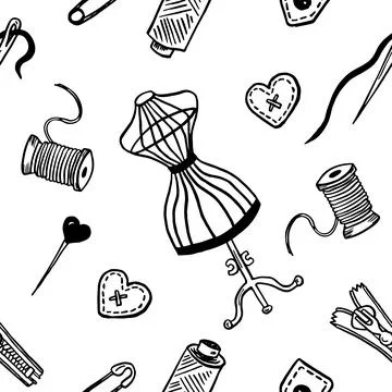 Seamless pattern with sewing tools linear icons scattered on white background Stock Illustration