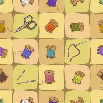 Seamless pattern with sewing tools. Needle and scissors Illustrazione stock