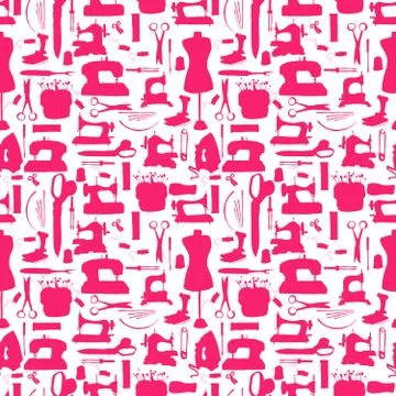 Seamless pattern, sewing tools silhouettes Stock Illustration