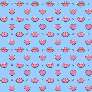 Seamless pattern with sexy pink lips and hearts on blue background. Stock Illustration