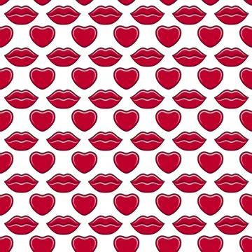Seamless pattern with sexy red lips and hearts on a white background. Stock Illustration