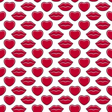 Seamless pattern with sexy red lips and hearts on a white background. Stock Illustration