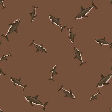 Seamless pattern shark on brown background. Texture of marine fish for any pu Illustrazione stock